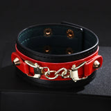 Red Leather Charm Bracelet with Metal Rivets for Women