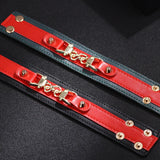 Red Leather Charm Bracelet with Metal Rivets for Women