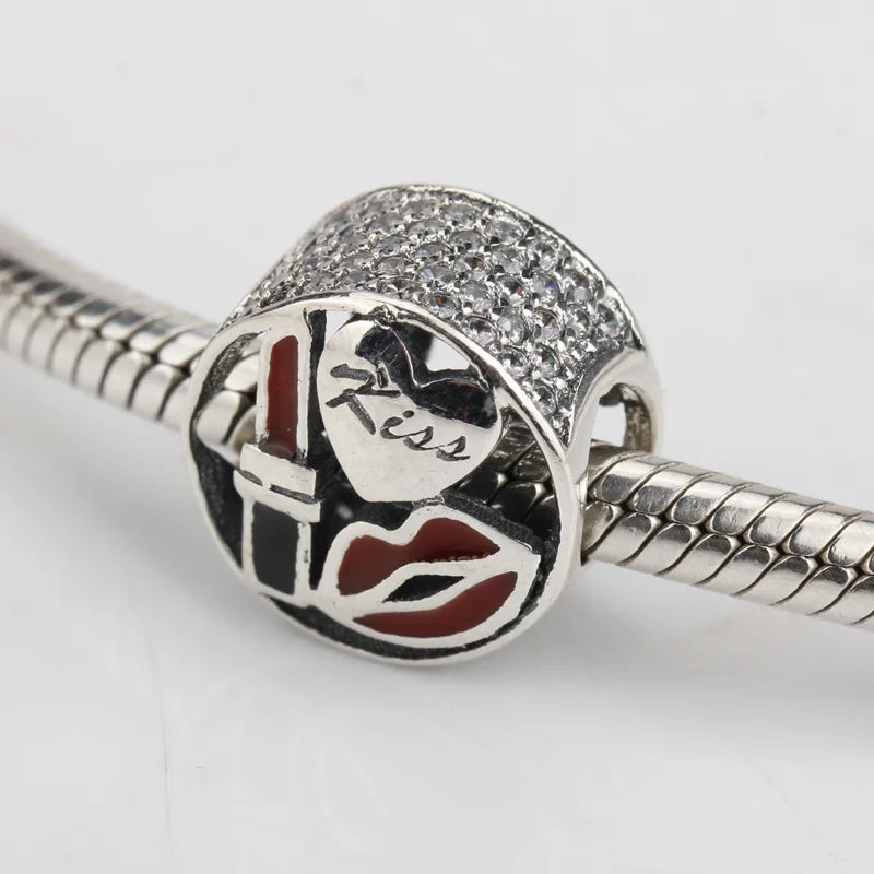 925 Silver Kiss Charm Enamel CZ Beads for Bracelet