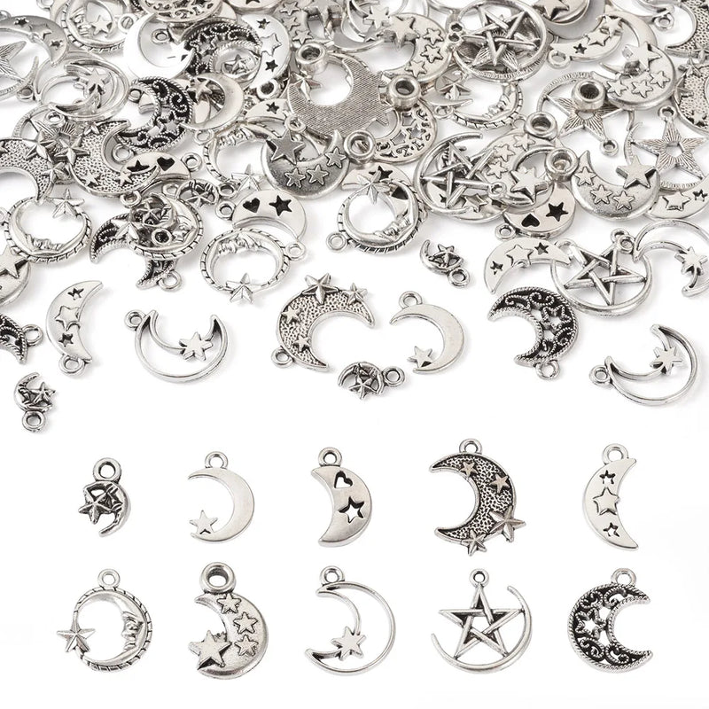 Kissitty 100Pcs Antique Silver Moon Star Tibetan Alloy Pendants Charms