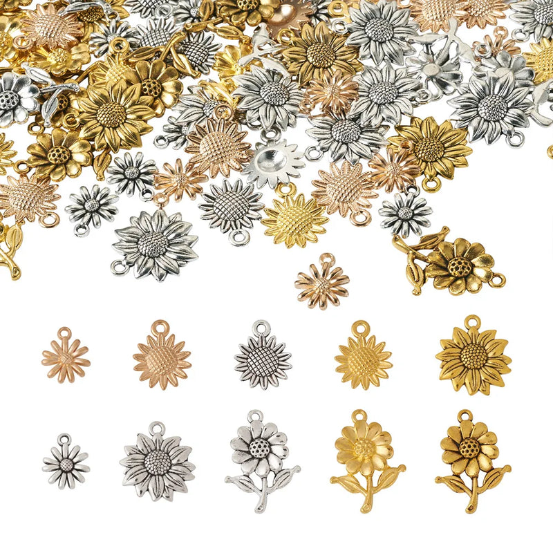 100Pcs Mixed Sunflower Alloy Pendants Metal Charms for Jewelry Making