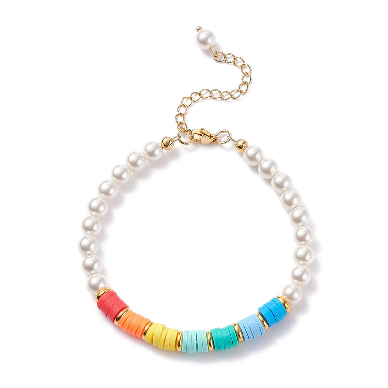Kissitty 10Pcs Colorful Round Shell Pearl Beaded Bracelets For Women