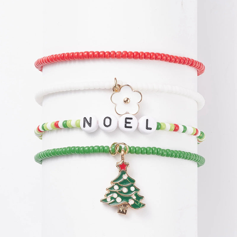 Kissitty 10Sets Christmas Tree Alloy Charm Glass Seed Beaded Bracelets Set
