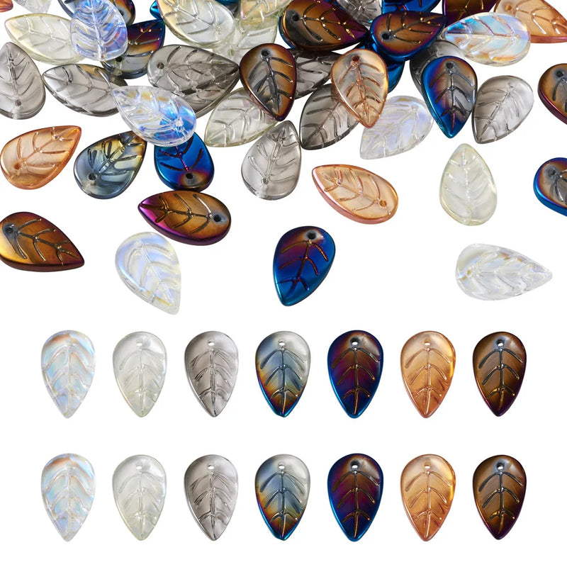 Kissitty 140Pcs Mixed Leaf Shape Glass Pendants Charms For Jewelry Making