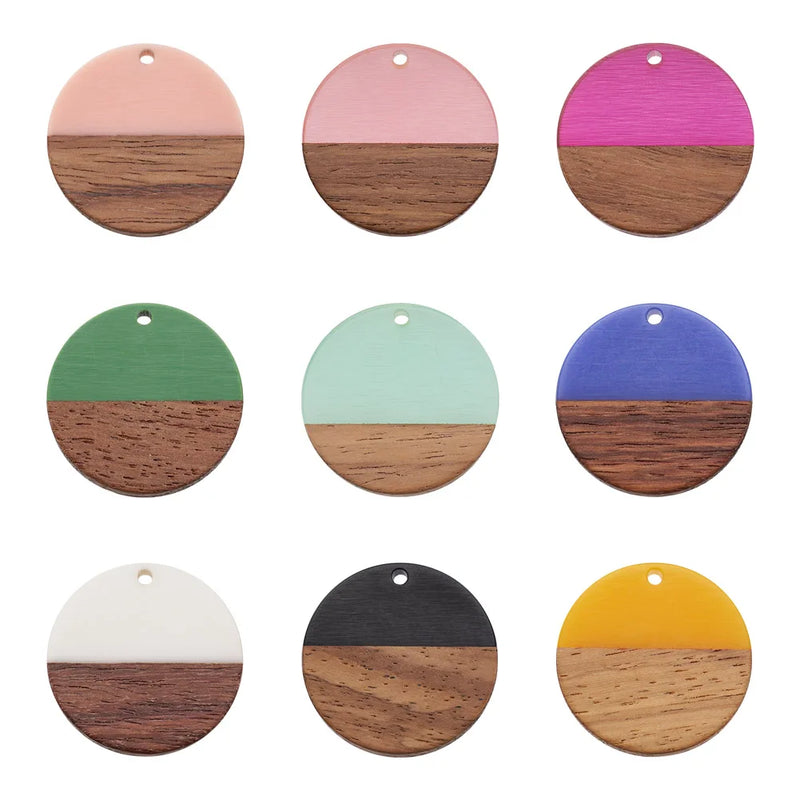 Kissitty 18Pcs Mixed Flat Round Opaque Resin & Walnut Wood Pendants