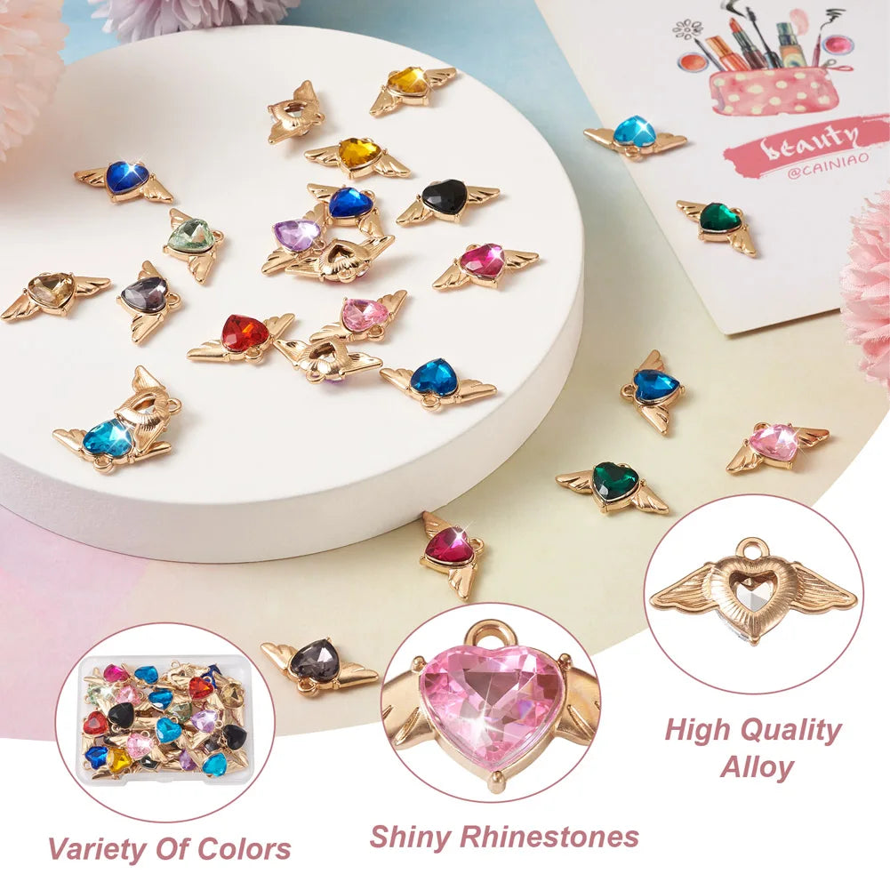 Kissitty 26Pcs Heart with Wings Rhinestone Pendants for Jewelry Making