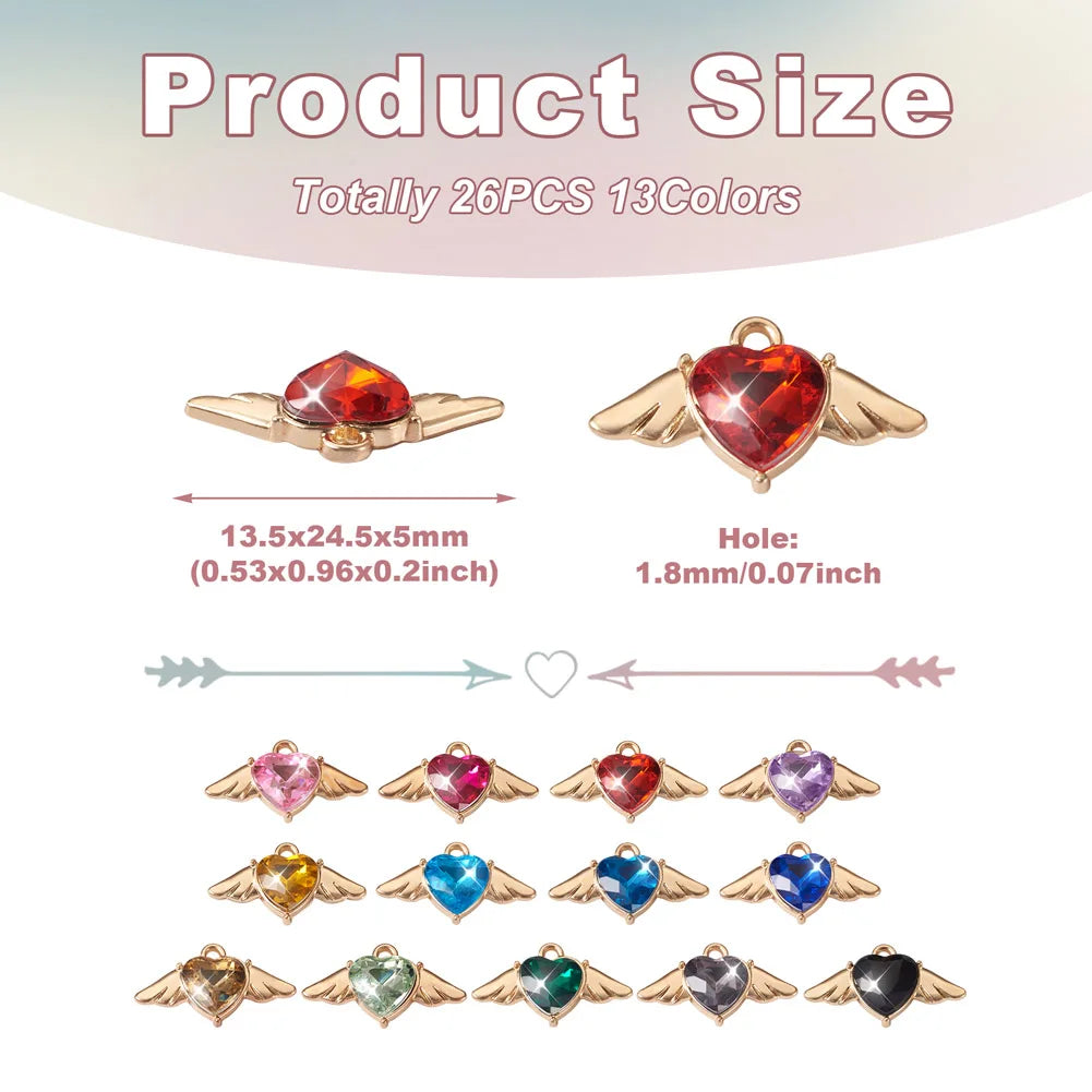 Kissitty 26Pcs Heart with Wings Rhinestone Pendants for Jewelry Making