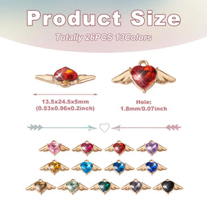 Kissitty 26Pcs Heart with Wings Rhinestone Pendants for Jewelry Making