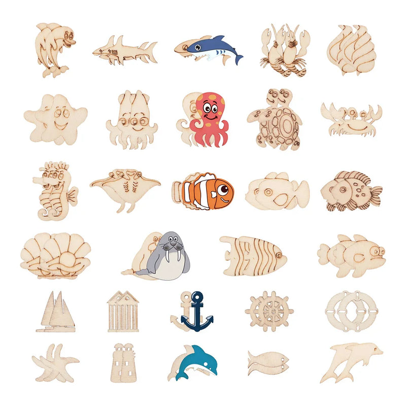 Kissitty 300 Pcs Ocean Themed Unfinished Wood Marine Animals Craft Toy