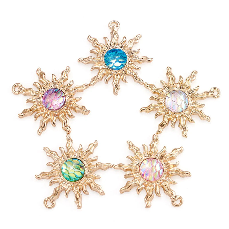 Kissitty 30Pcs Mixed Sun Shape Mermaid Fish Dragon Scale Alloy Plastic Pendants