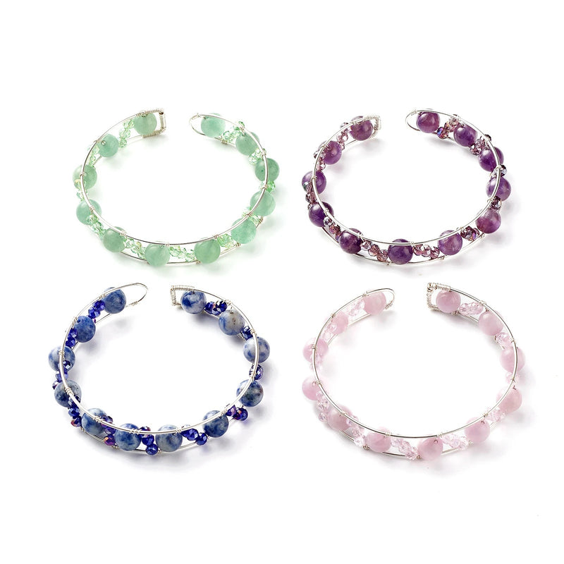 4Pcs Natural Mixed Stone Beads Reiki Healing Cuff Bangles Set