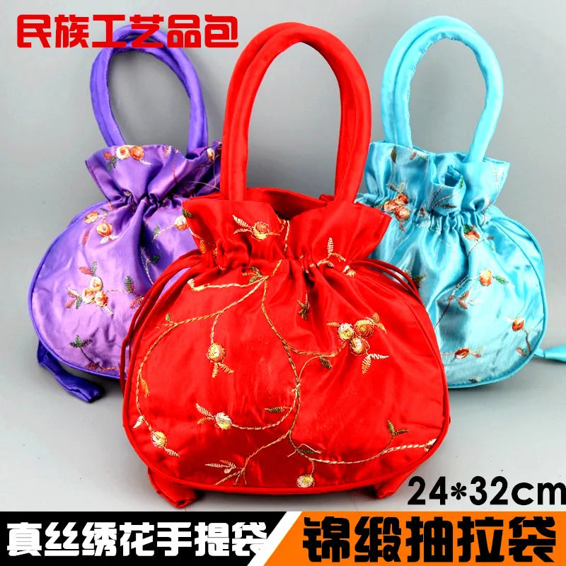 Retro Pure Silk Embroidered Handbags Brocade Smoked Pull Bags 2pc/lot