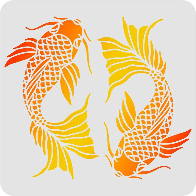 Koi Fish Stencil for Wood Wall Fabric - Square Carp Stencil for Painting Decor