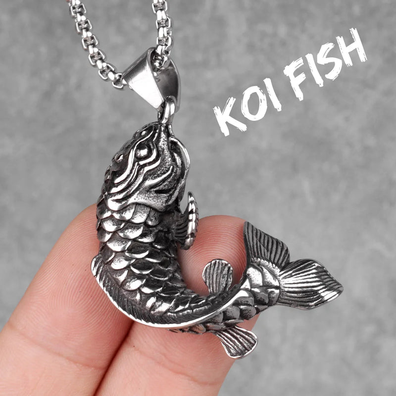 Koi Fish Animal Mens Long Necklace Pendant Chain Stainless Steel