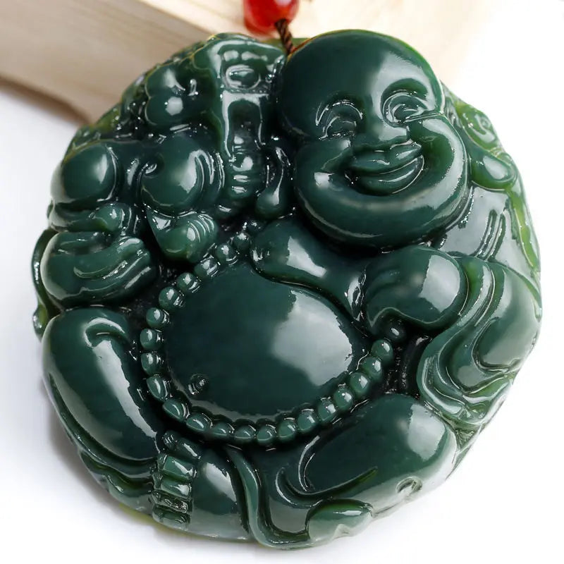 Chinese Natural Nephrite Hetian Jade Maitreya Buddha Pixiu Pendant Necklace