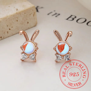 925 Sterling Silver Opal Rabbit Stud Earrings For Women Kids Party Jewelry