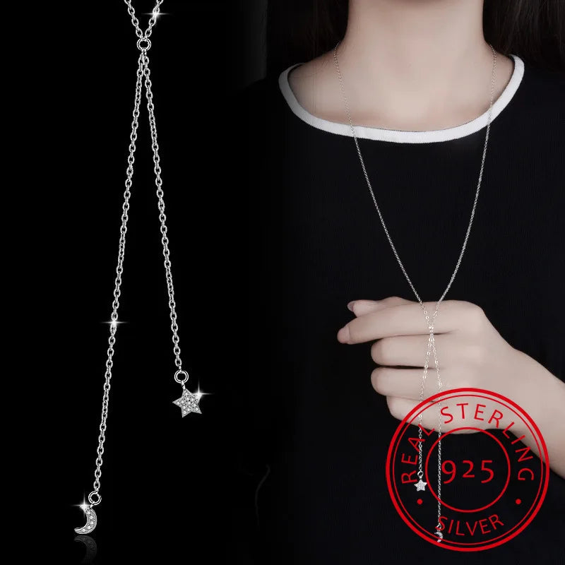 Korea 925 Silver Moon Star Necklace Silver Chain Choker Jewelry