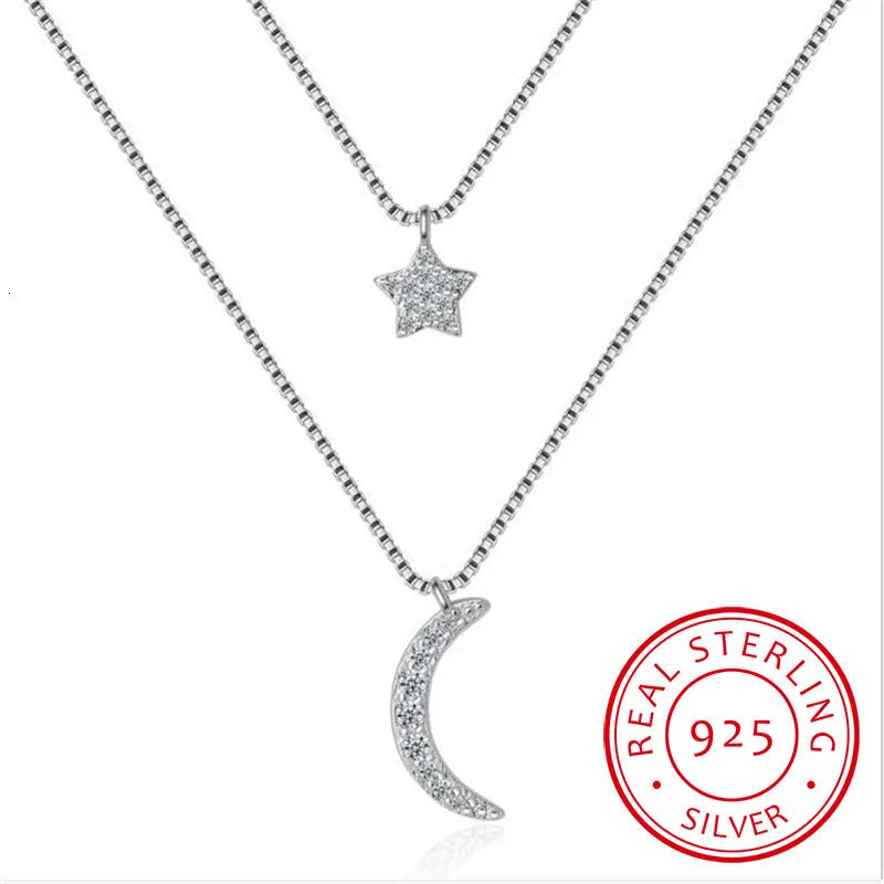 Korea 925 Silver Moon Star Choker Necklaces Jewelry