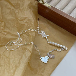 Korea 925 Sterling Silver Irregular Love Mosaic Asymmetric Pearl Zircon Necklace