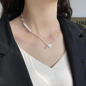 Korea 925 Sterling Silver Irregular Love Mosaic Asymmetric Pearl Zircon Necklace