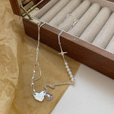Korea 925 Sterling Silver Irregular Love Mosaic Asymmetric Pearl Zircon Necklace