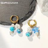 Korea Candy Geometry Bead Asymmetric Pearl Earrings Stainless Steel Hoop