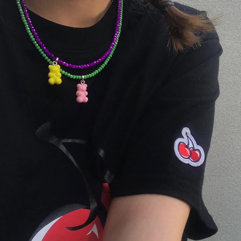 Korea Colorful Bear Beaded Necklace Cartoon Rainbow Crystal