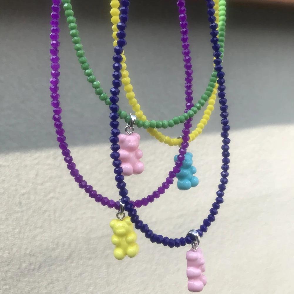 Korea Colorful Bear Beaded Necklace Cartoon Rainbow Crystal