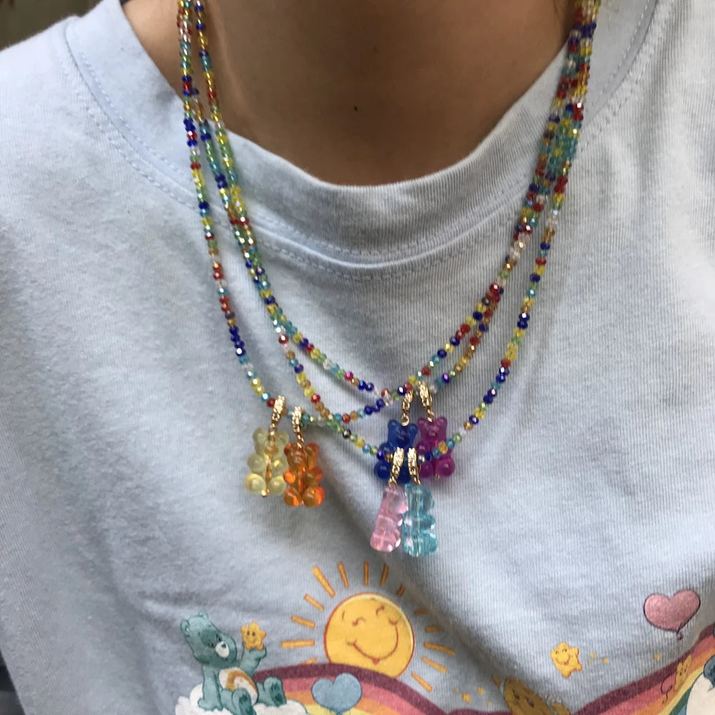 Korea Colorful Bear Beaded Necklace Cartoon Rainbow Crystal