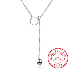 Korea Cat Ears Bells Pendant 925 Sterling Silver Necklace