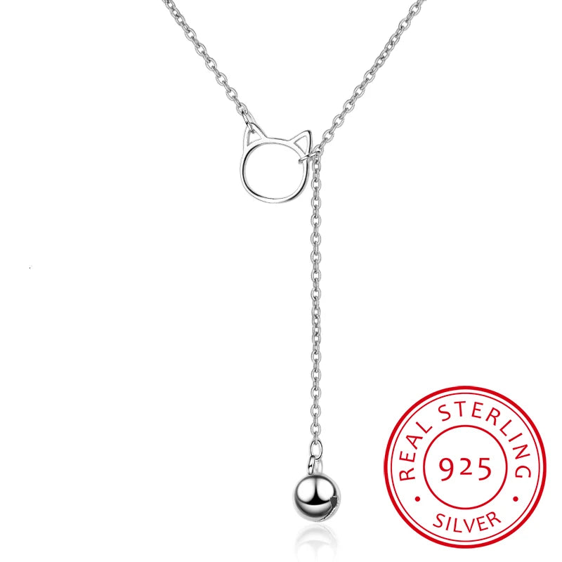 Korea Cat Ears Bells Pendant 925 Sterling Silver Necklace