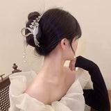 Korea Orchid Flower Pearl Fringe Ponytail Claw Clip
