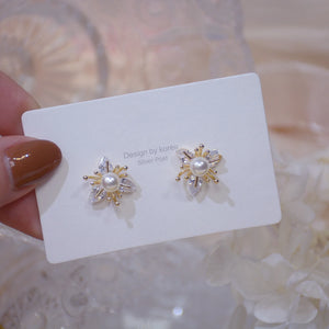 Korea 925 Silver 14K Real Earrings Flower Pearl Women Daily Earrings