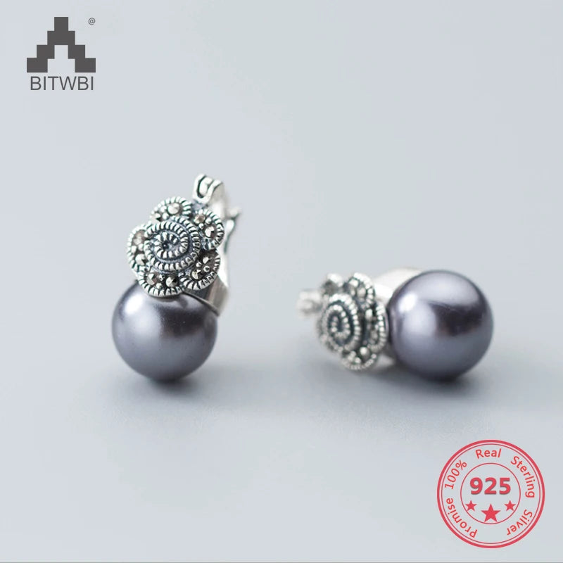 925 Silver Vintage Flower Shell Pearl Earrings for Women