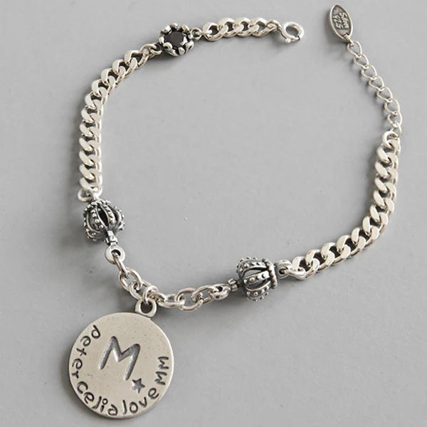 925 Silver Vintage Crown Round Drops Chain Bracelet