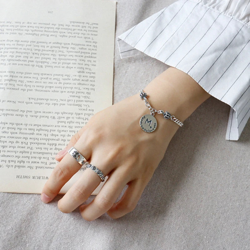 925 Silver Vintage Crown Round Drops Chain Bracelet