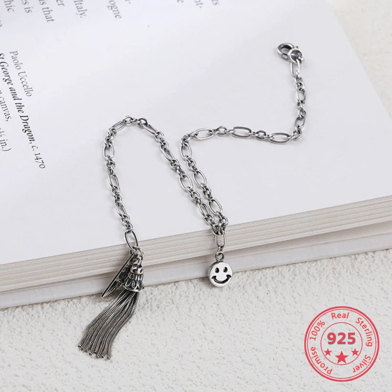 925 Sterling Silver Retro Vintage Smile Tassel Bracelet