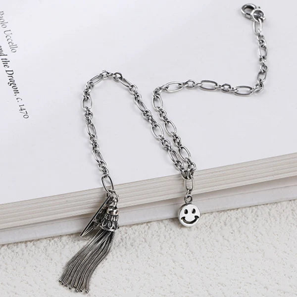 925 Sterling Silver Retro Vintage Smile Tassel Bracelet