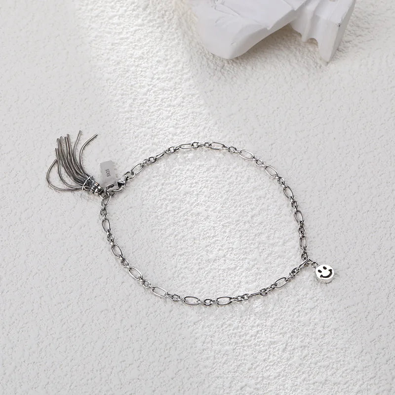 925 Sterling Silver Retro Vintage Smile Tassel Bracelet
