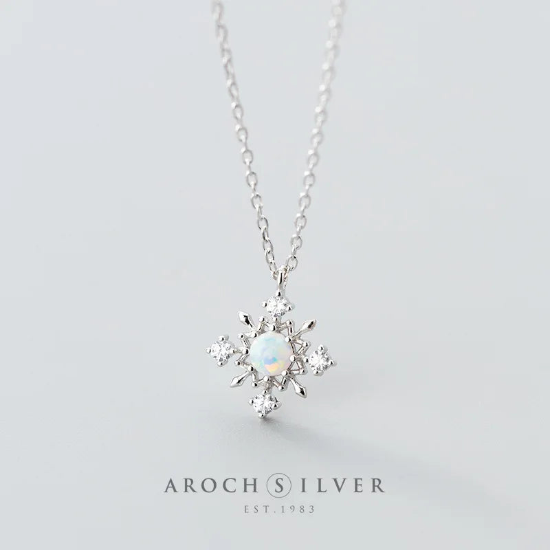 925 Sterling Silver Opal Snowflake Rose Pendant Necklace