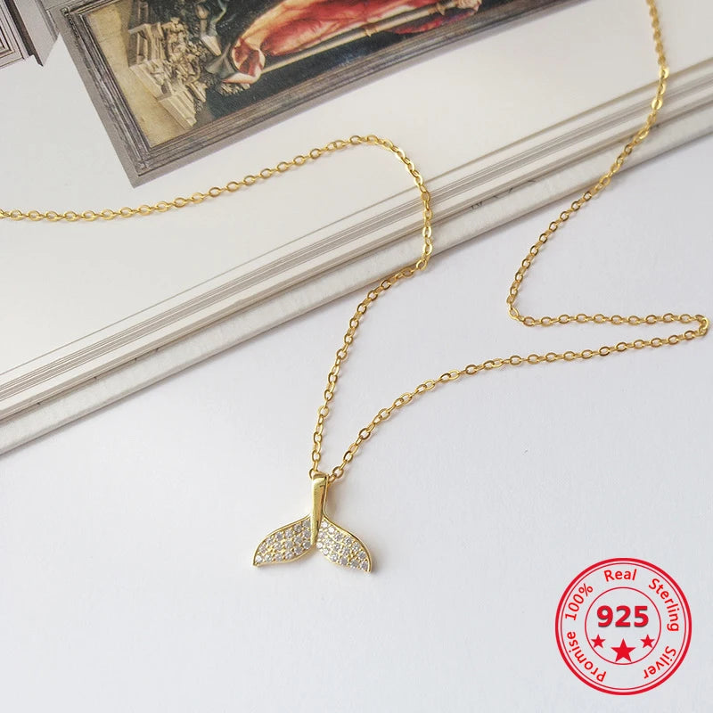 Korea 925 Sterling Silver Necklace Zircon Fish Tail Pendant Jewelry