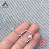 925 Silver Hexagon Freshwater Pearl Pendant Necklace for Women