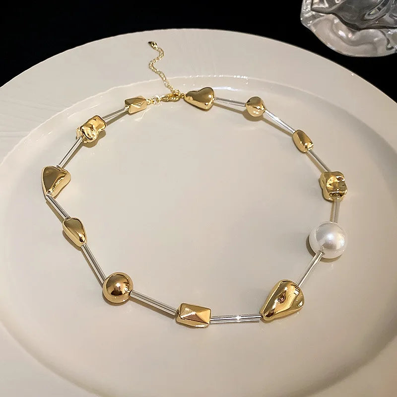 Korean Irregular Geometric Pearl Necklace Charm Chain Choker