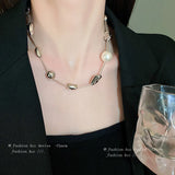 Korean Irregular Geometric Pearl Necklace Charm Chain Choker