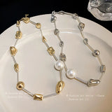 Korean Irregular Geometric Pearl Necklace Charm Chain Choker