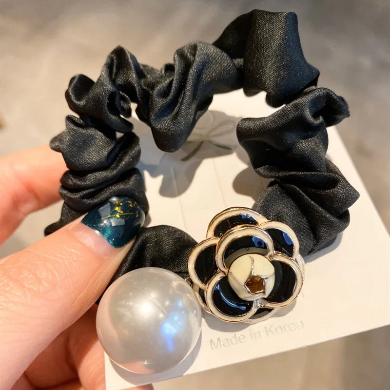 Korea Camellia Pearl Hair Tie Fabric Flower Ponytail Hair Rope