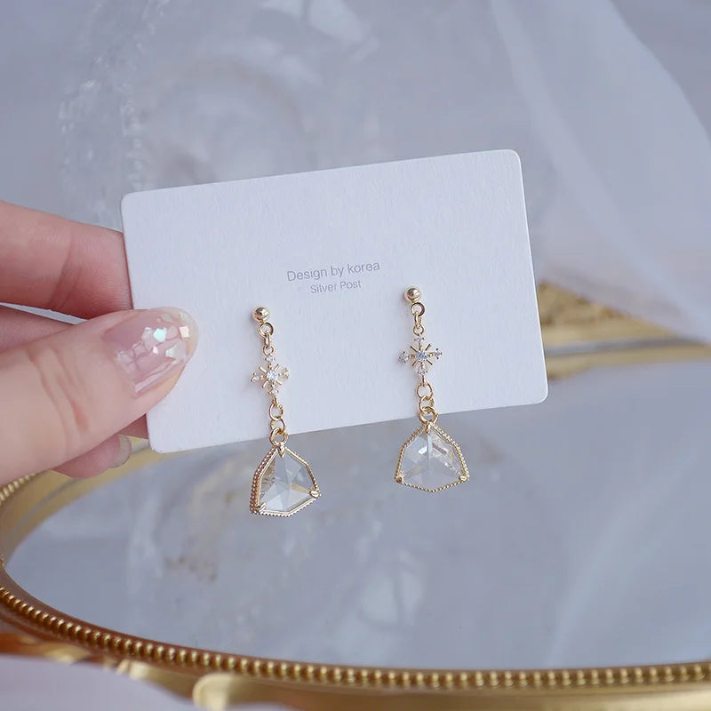 Korea Zircon Snowflake Triangle Drop Earrings Women Wedding Bijoux Birthday Gift
