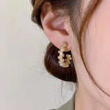 Korean 14K Geometric Zircon Hoop Earrings for Women