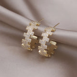 Korean 14K Geometric Zircon Hoop Earrings for Women