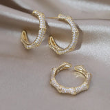 Korea Jewelry 14K Plated Zircon Bamboo Earrings Rings Women's Party Accessories